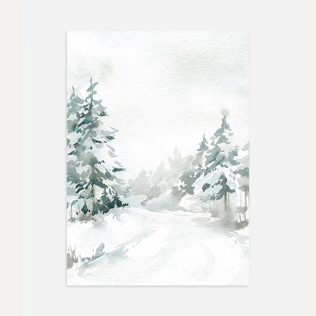 Winter forest path poster with snow covered trees and winding trail