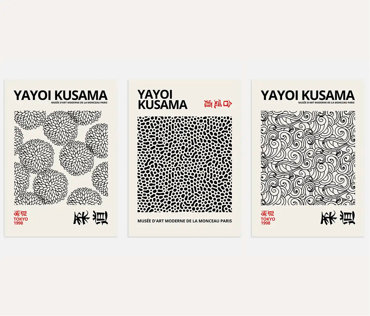 Yayoi Kusama black and white pattern poster set of 3 minimal wall art