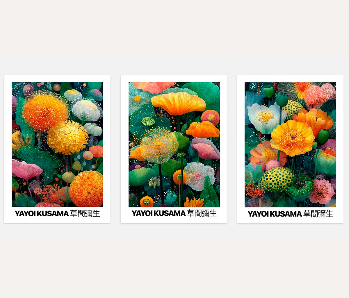 Yayoi Kusama dark forest poster set of 3 with yellow flowers and green nature wall art