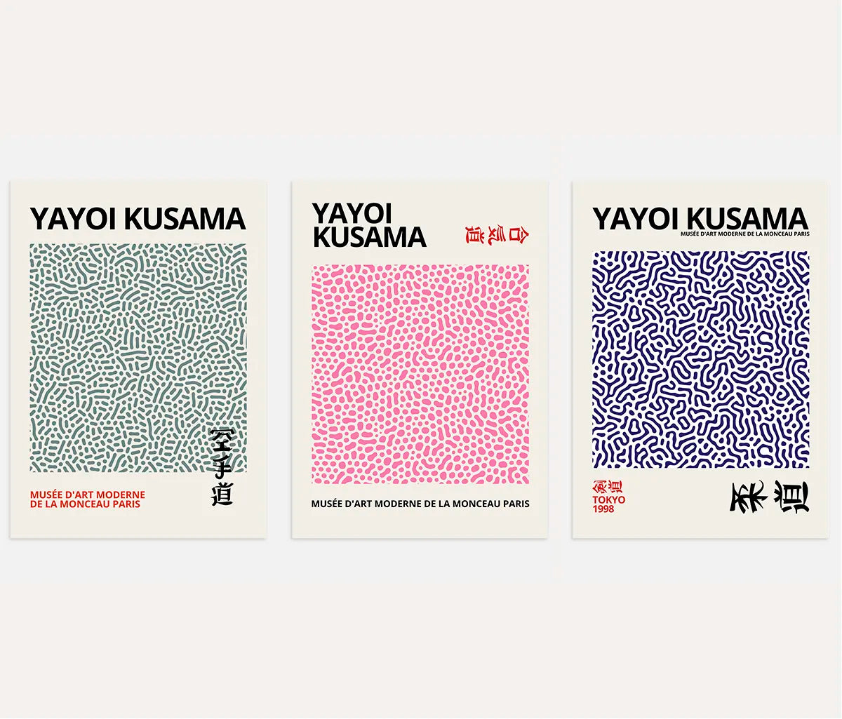 Yayoi Kusama poster set of 3 with dot pattern in green pink blue abstract wall art