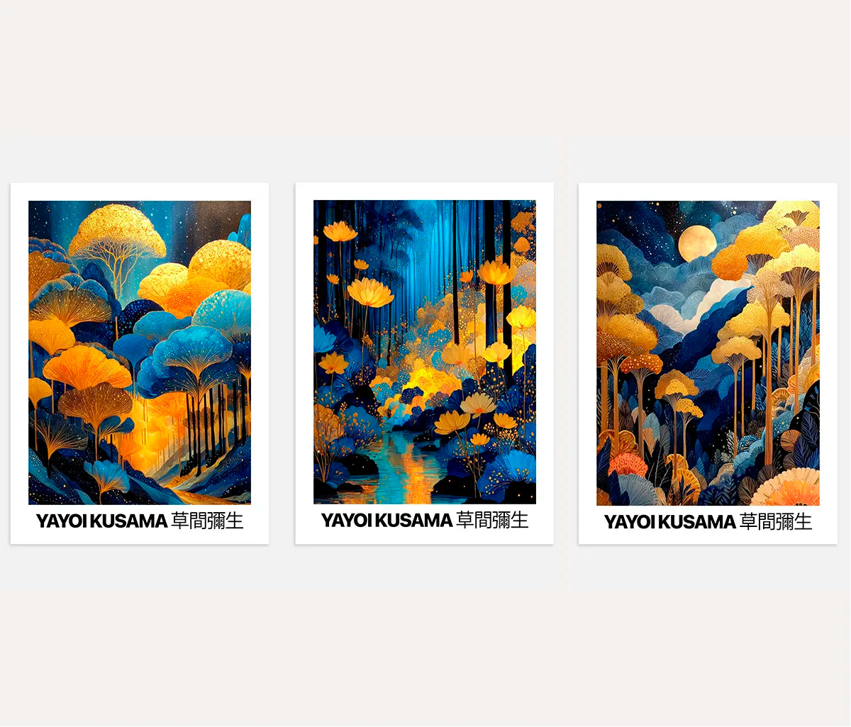 Yayoi Kusama poster set of 3 with blue and orange colors, night forest Japanese landscape wall art