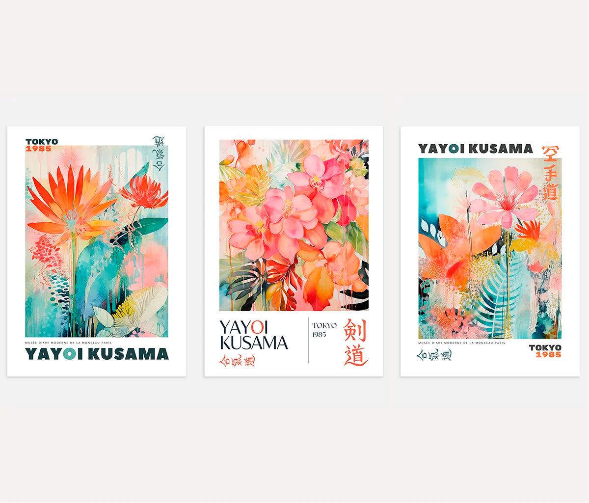 Yayoi Kusama pastel flower poster set of 3 with soft pink and turquoise wall art