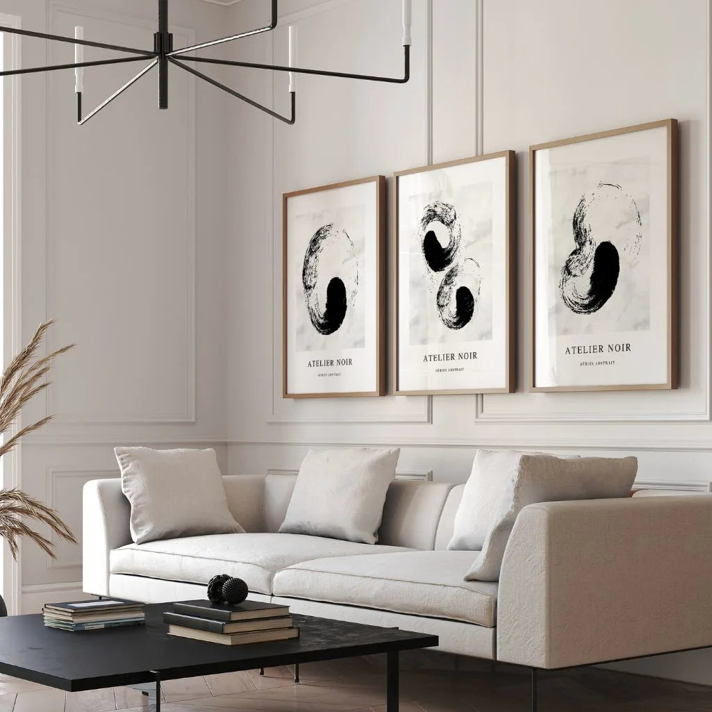 Abstract yin yang wall art set in black and white minimalist style