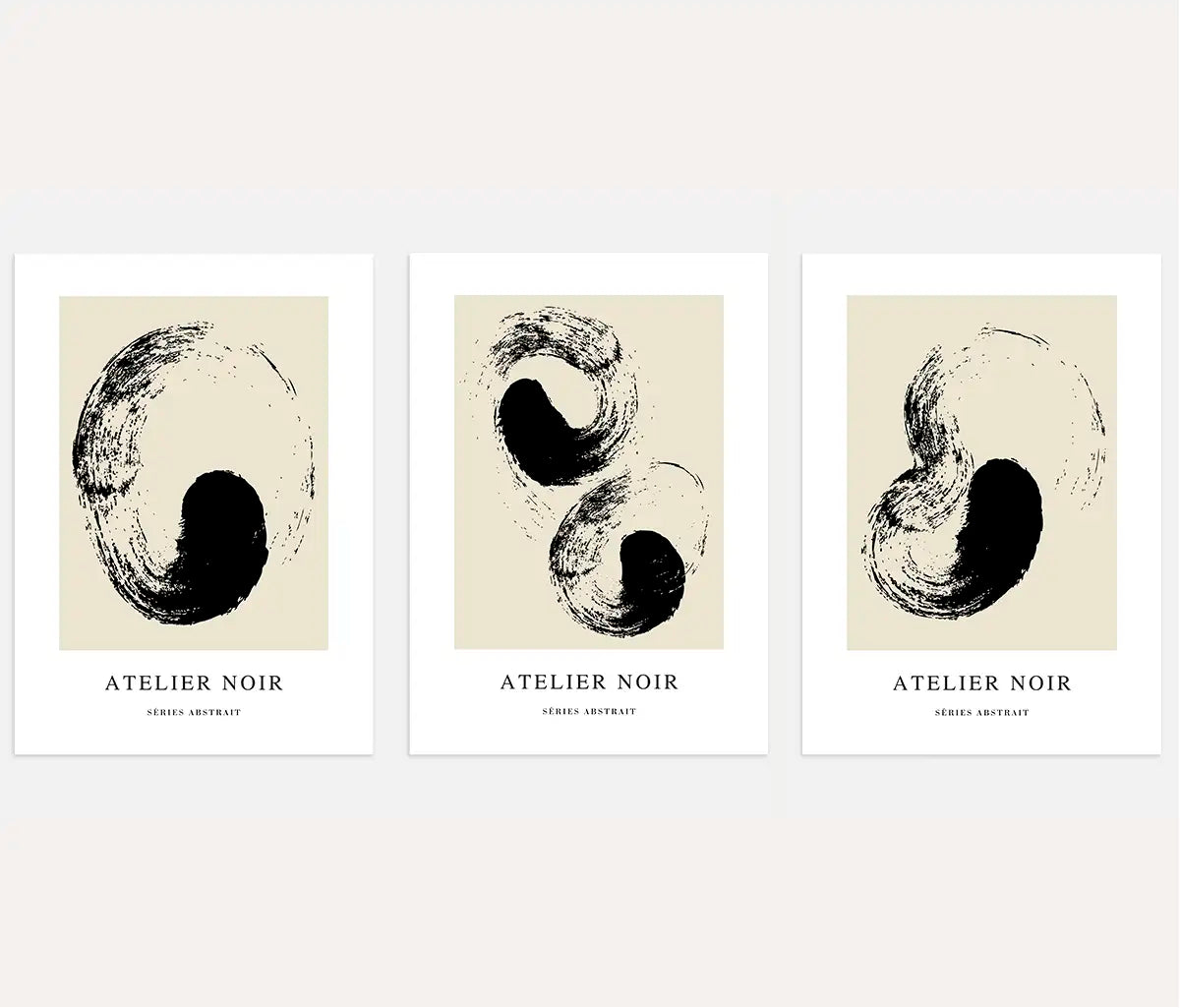 Zen ink brush poster set with black and beige abstract shapes calming wall art